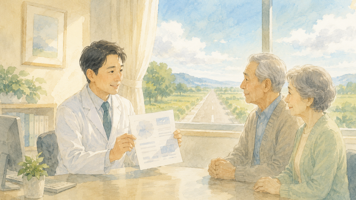 医師が患者さんに検査の結果をやさしく説明しているイラスト