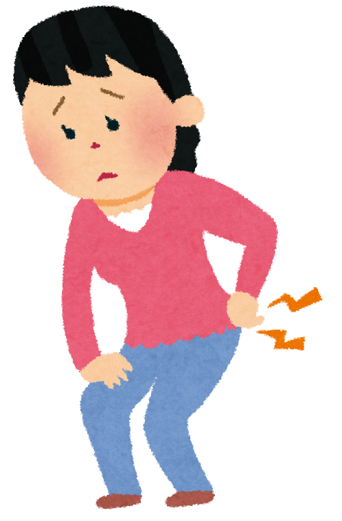 腰に手をあてて痛みをこらえる人のおだやかなイラスト