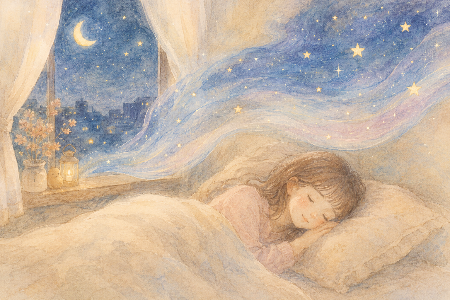 Torapon 夜の窓辺で穏やかに眠る人と、優しく流れる星空のイラスト