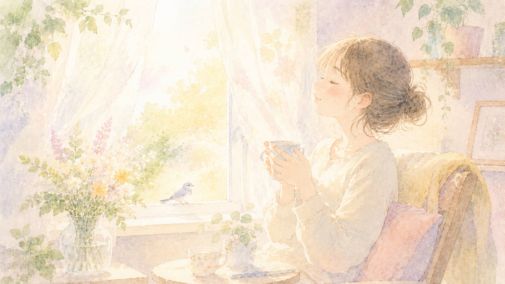 朝の光のなかで、ふっと肩の力が抜ける人のイラスト