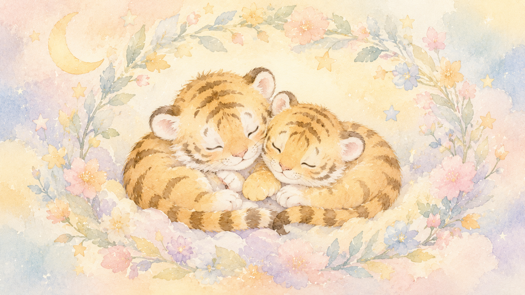 やさしい色合いで描かれた、寄り添う2匹の虎のイラスト