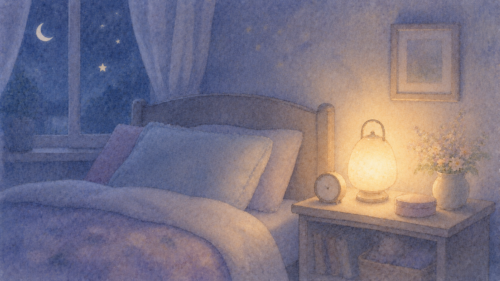 夜、ベッドサイドにあたたかな小さな灯りが灯るイラスト