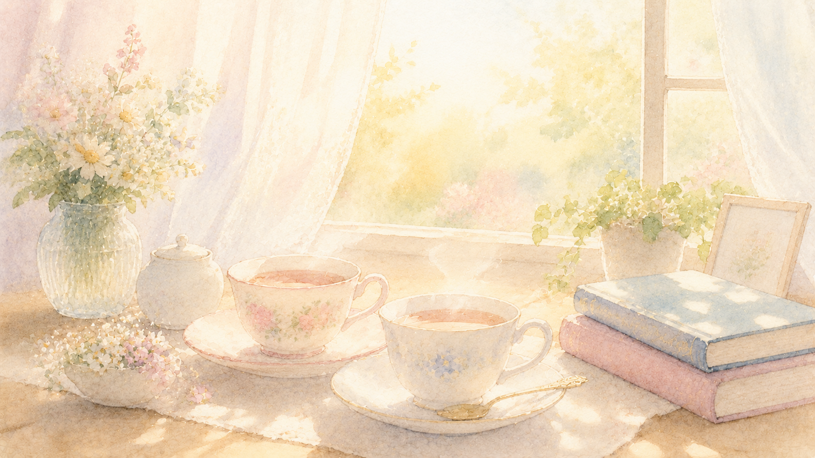 朝のやわらかな光のなかで、湯気のたつお茶のあるテーブルのイラスト