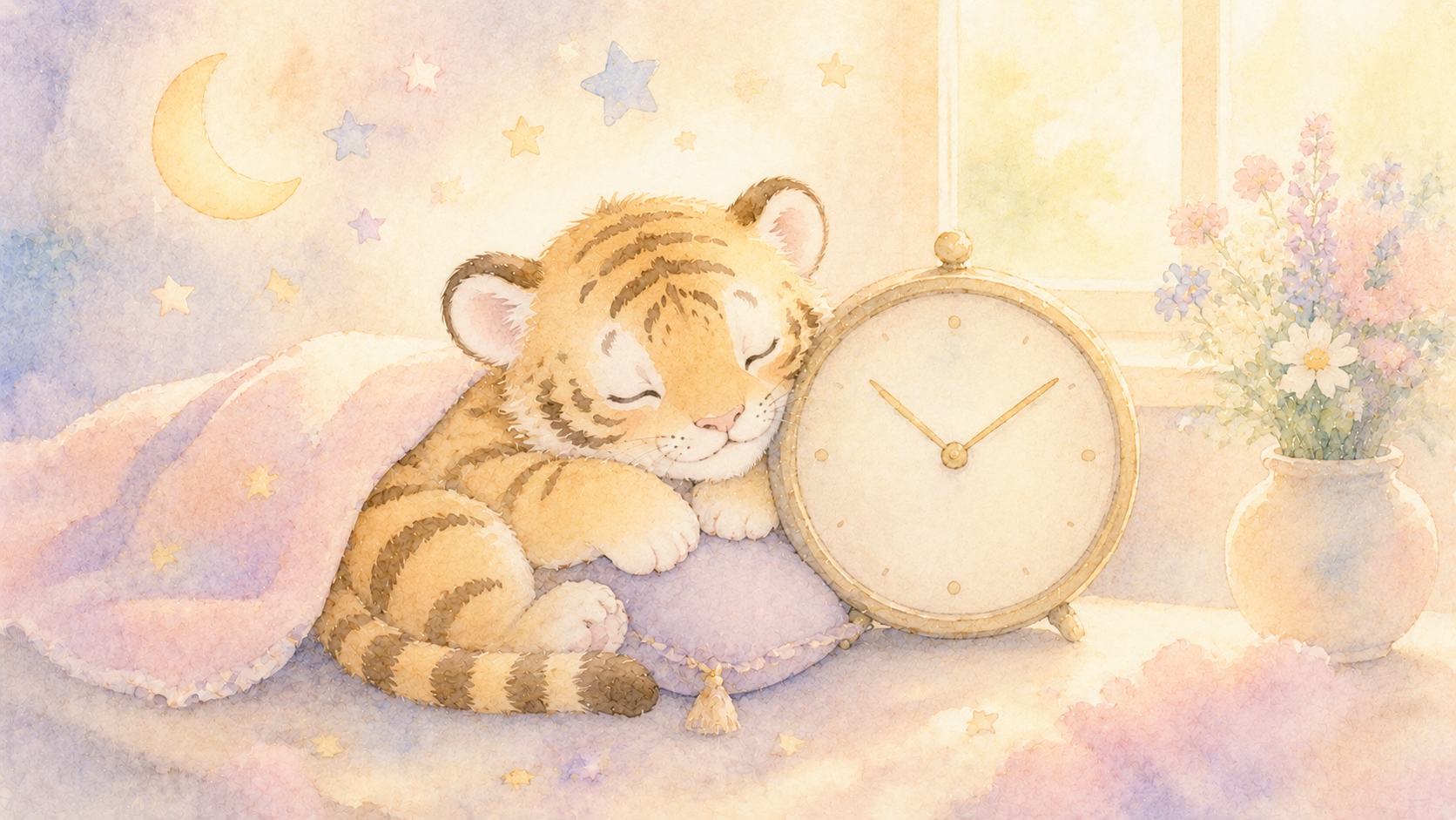 時計のそばで、ふんわりとくつろぐ虎のイラスト