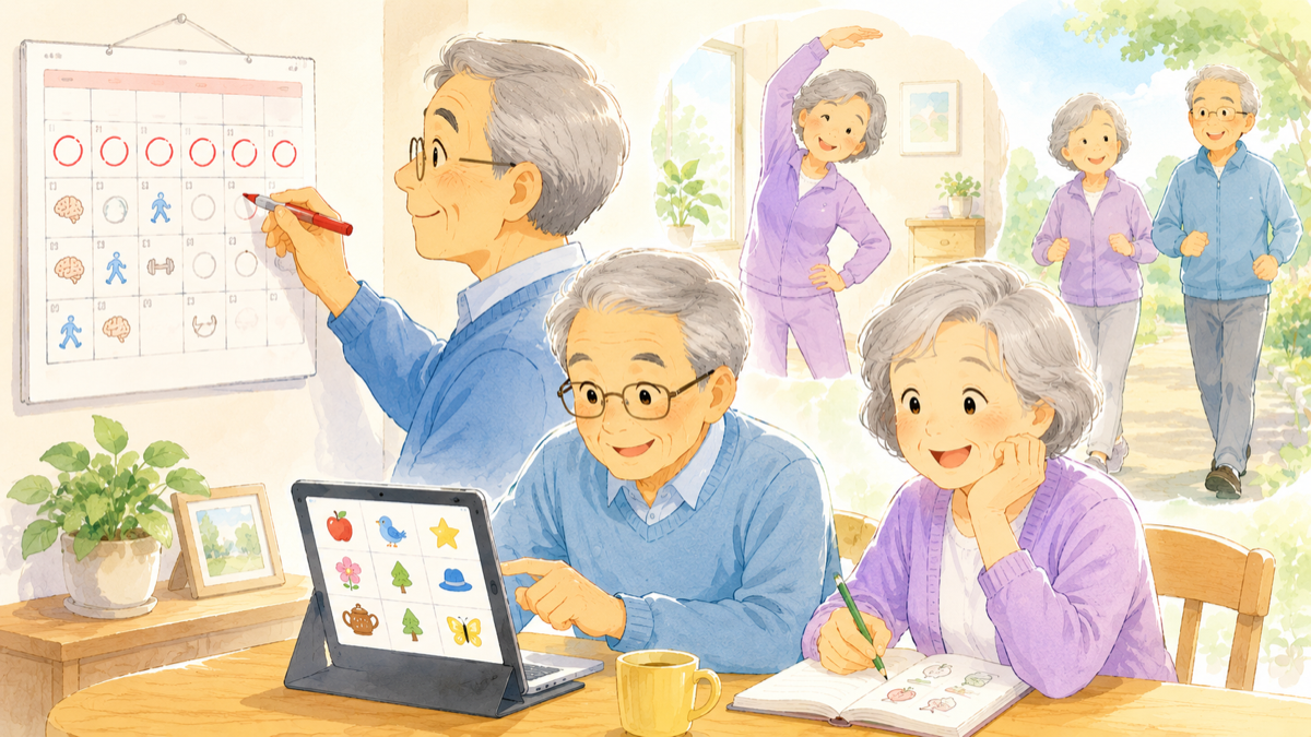カレンダーに印をつけながら脳トレと運動をコツコツ続ける高齢者たちのイラスト