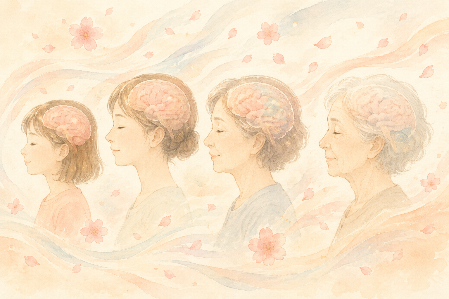 やさしい色合いで描かれた、年を重ねていく脳のイラスト