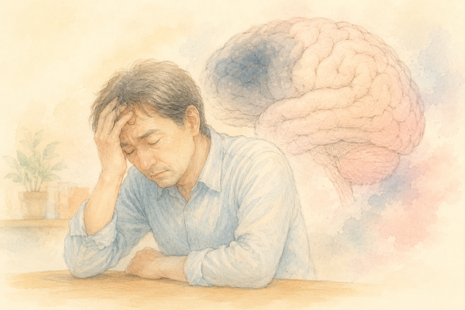 ストレスを抱える人と脳のイラスト