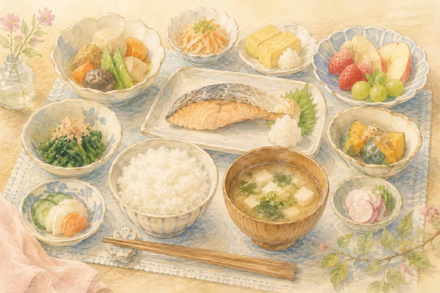 色とりどりの野菜・魚・果物が並ぶ食卓のイラスト