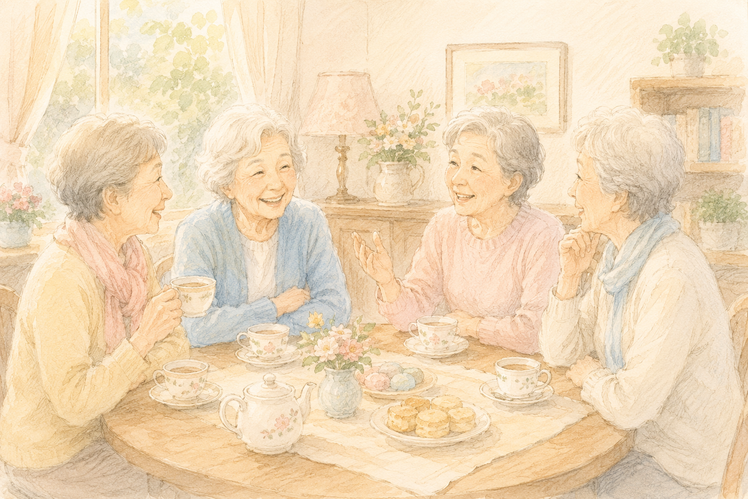 笑顔で会話する友人同士のシニアたちのイラスト