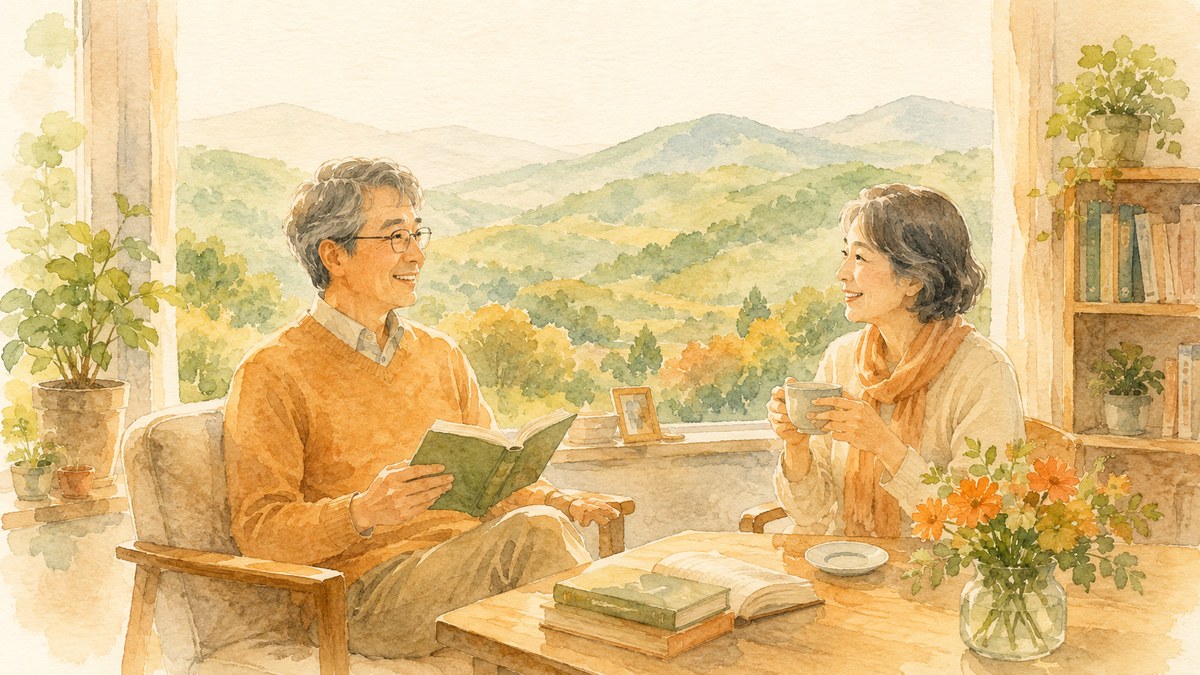 窓辺で本を読み、語り合う年配のふたりの水彩画