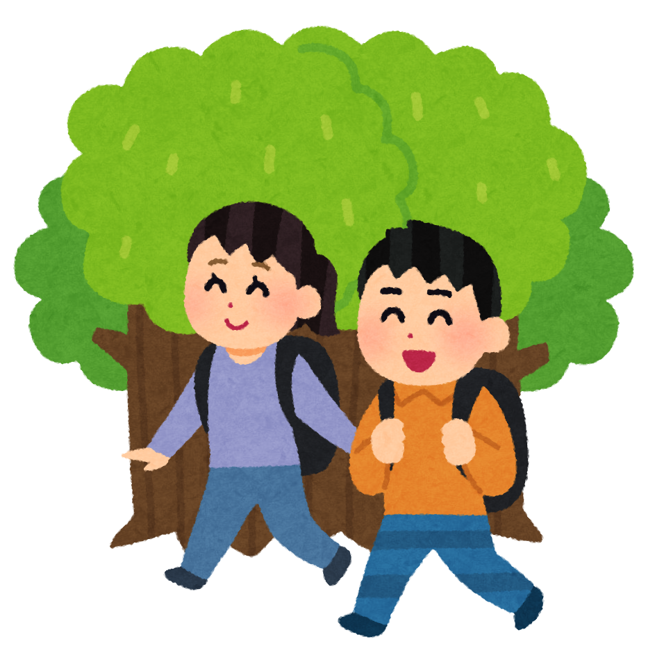 森の中を歩く人たちのイラスト