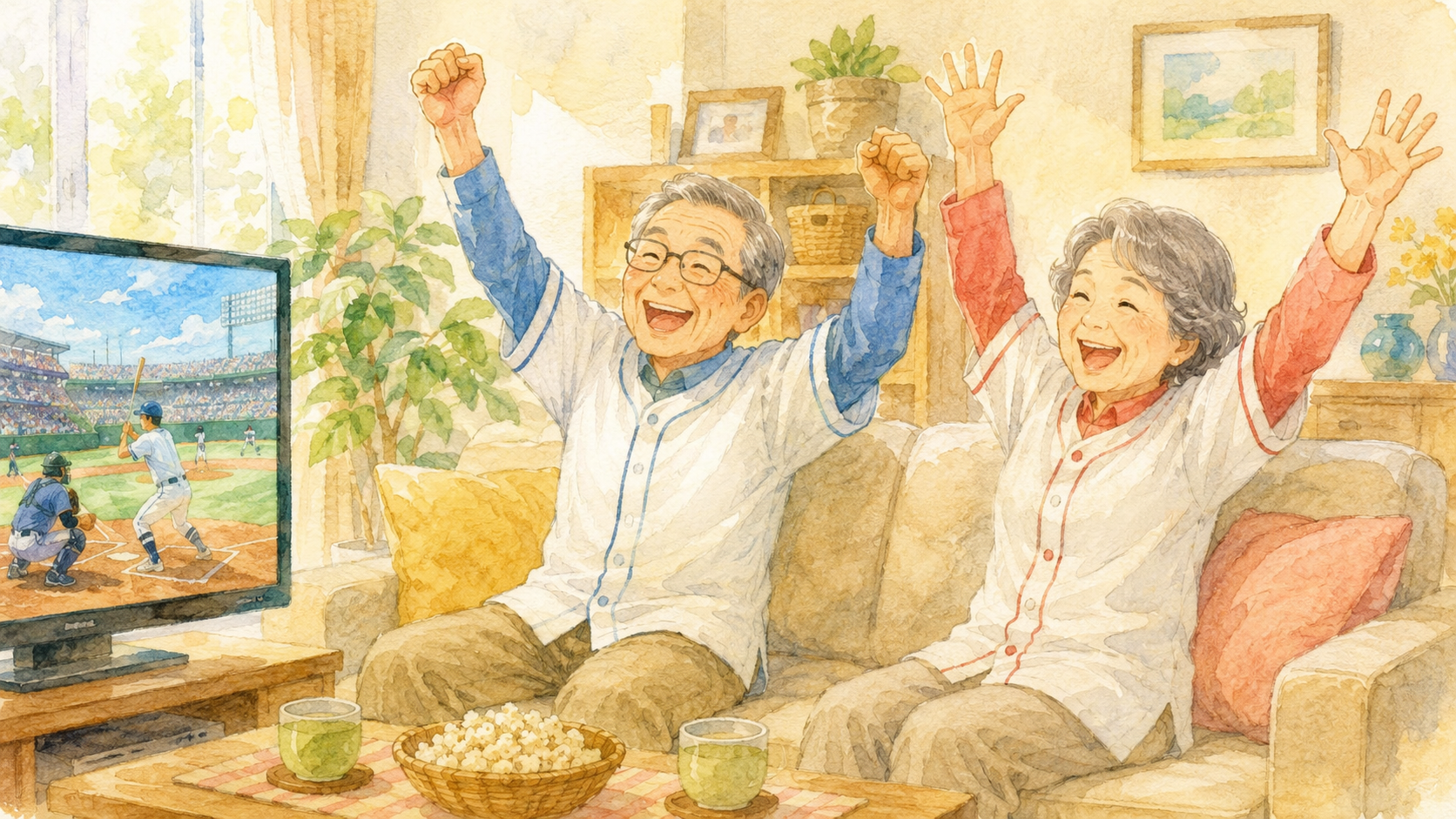 野球を応援して喜ぶシニアのイラスト