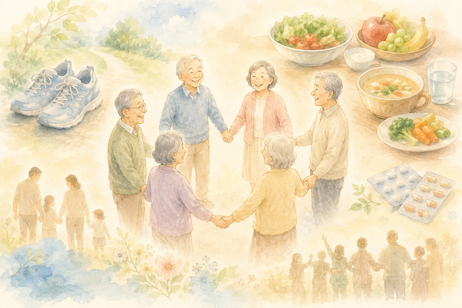 薬・運動・食事・対人交流が束になって認知症と向き合うイラスト