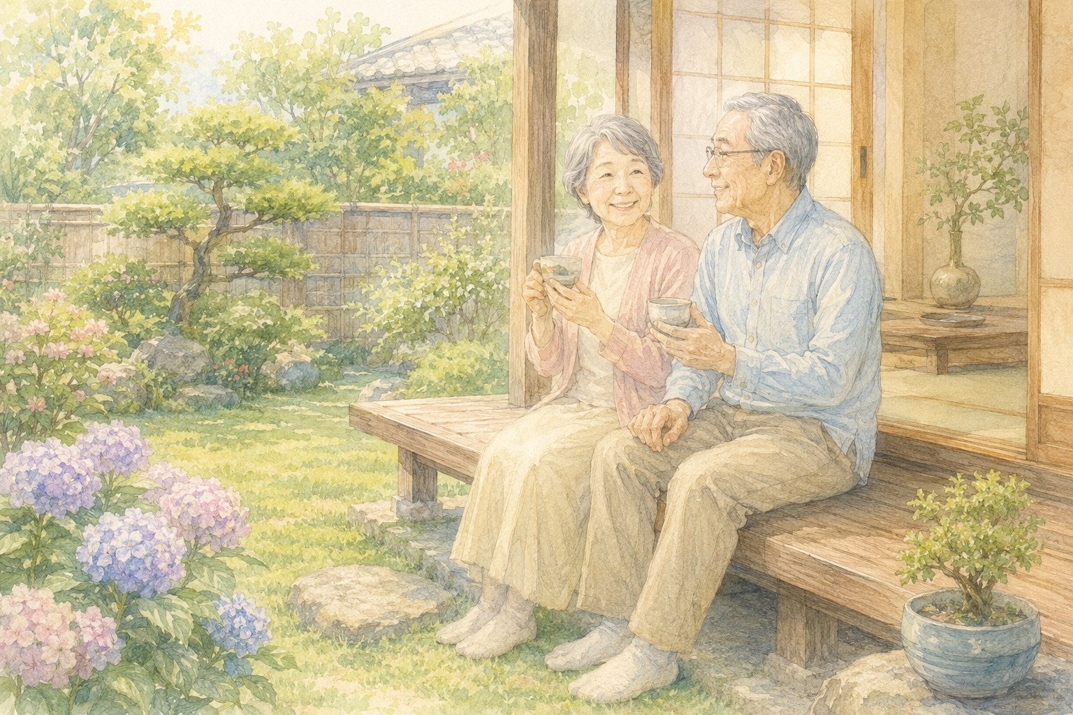 縁側でくつろぐシニアご夫婦のイラスト
