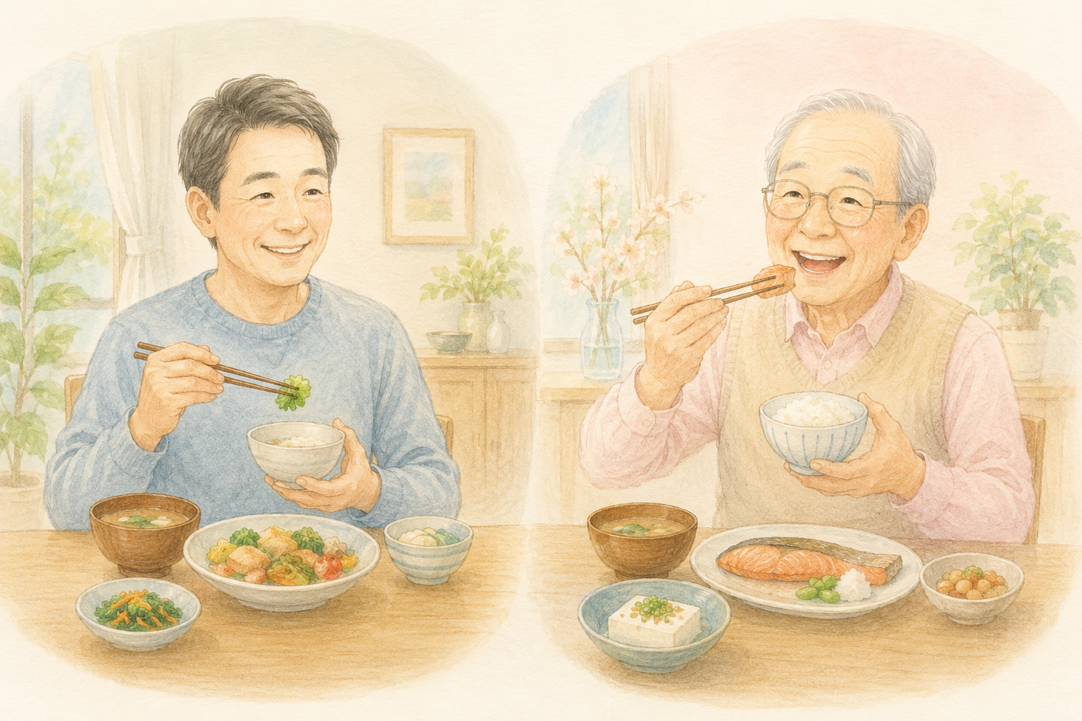 中年期と高齢期で気をつける食生活の違いを表したイラスト