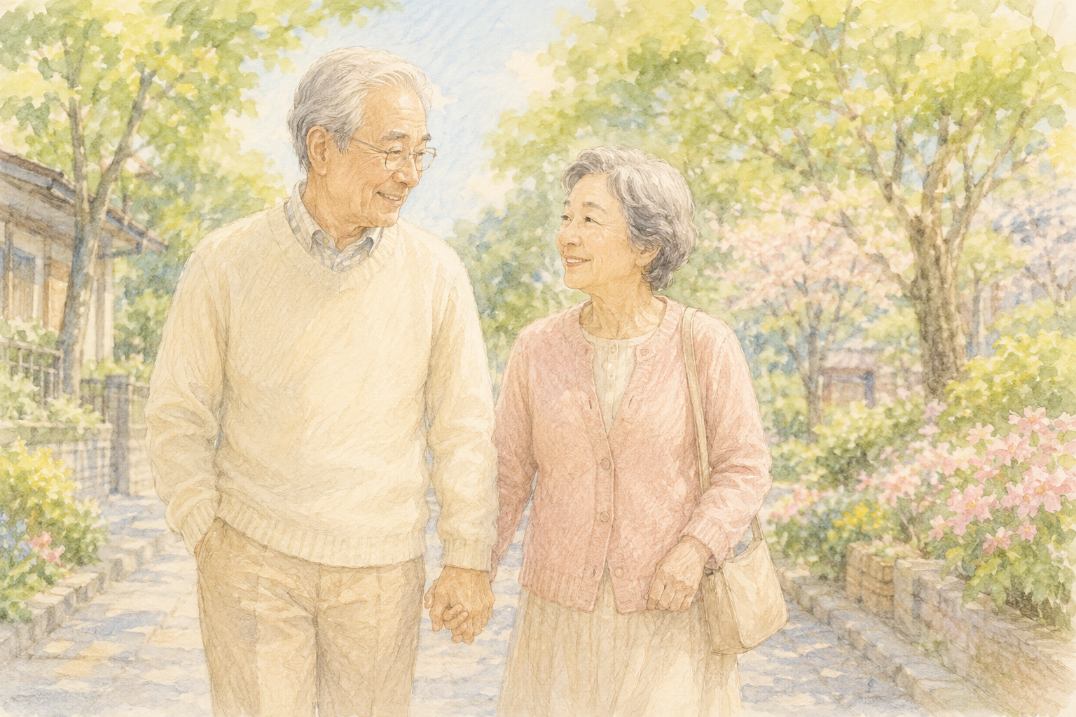 手をつなぐ老夫婦のイラスト