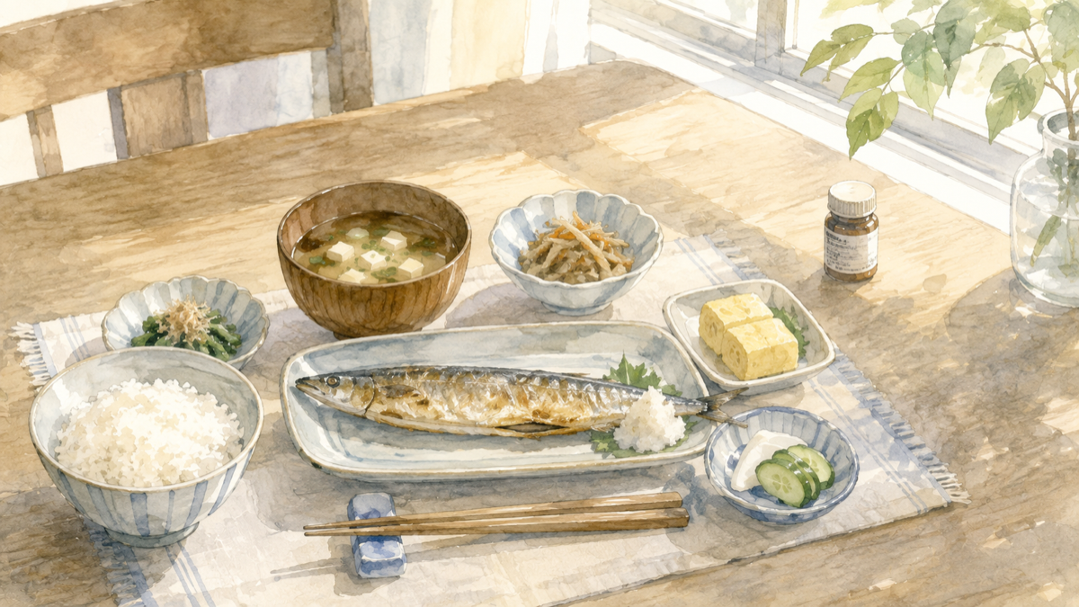食卓に置かれた焼き魚と、その隣に並ぶサプリメントの瓶のイラスト