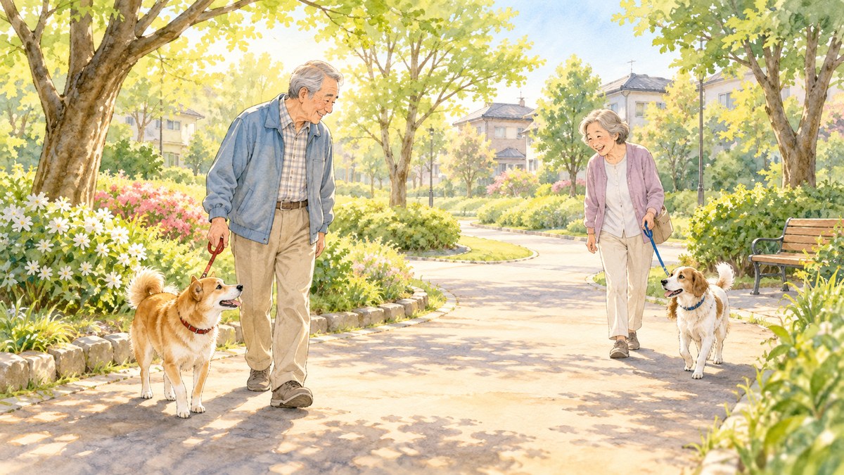 朝の公園で、犬を連れて散歩しながら近所の人とあいさつを交わす高齢の男性のイラスト