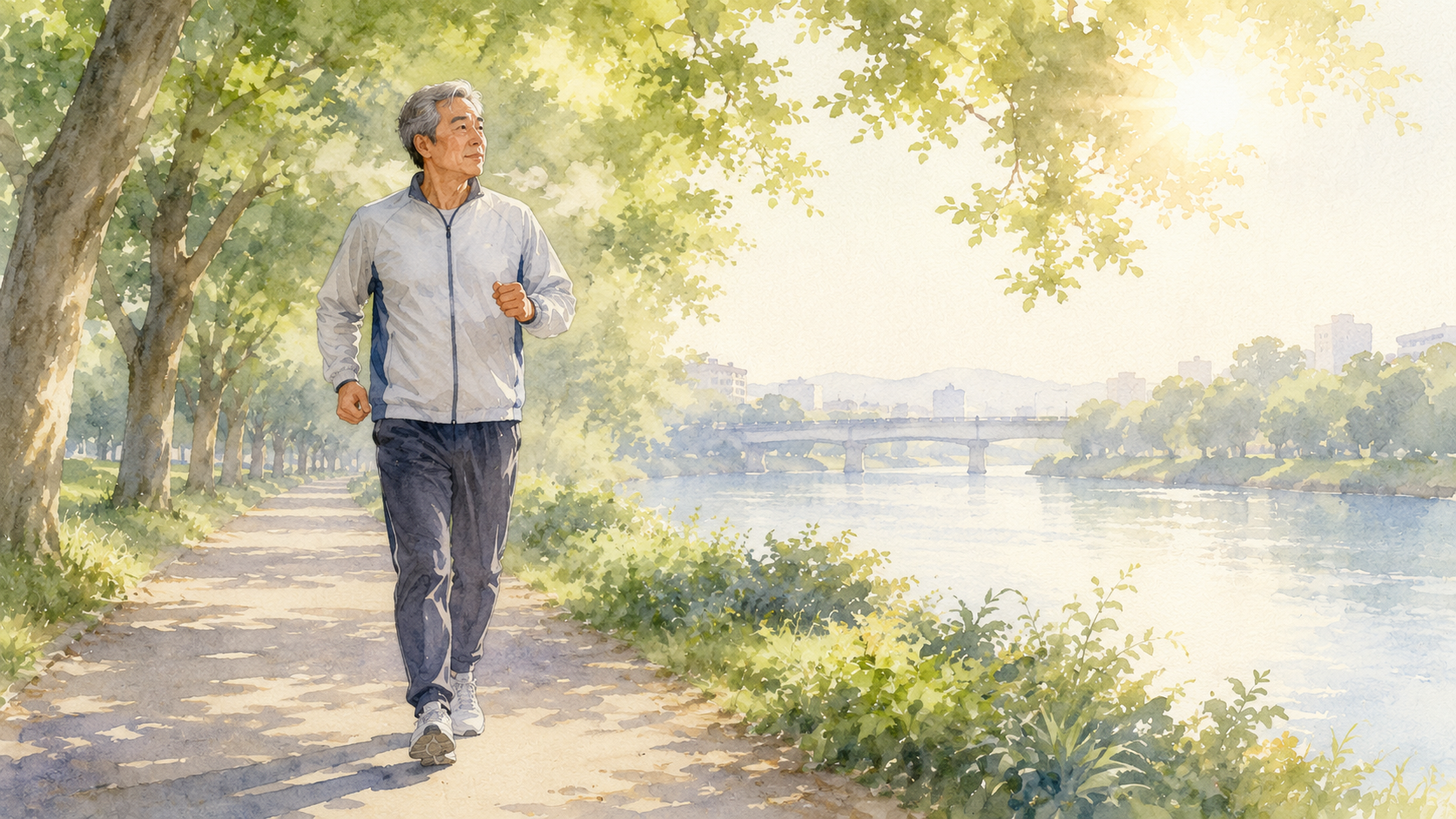 朝の川沿いを歩くシニア男性のイラスト