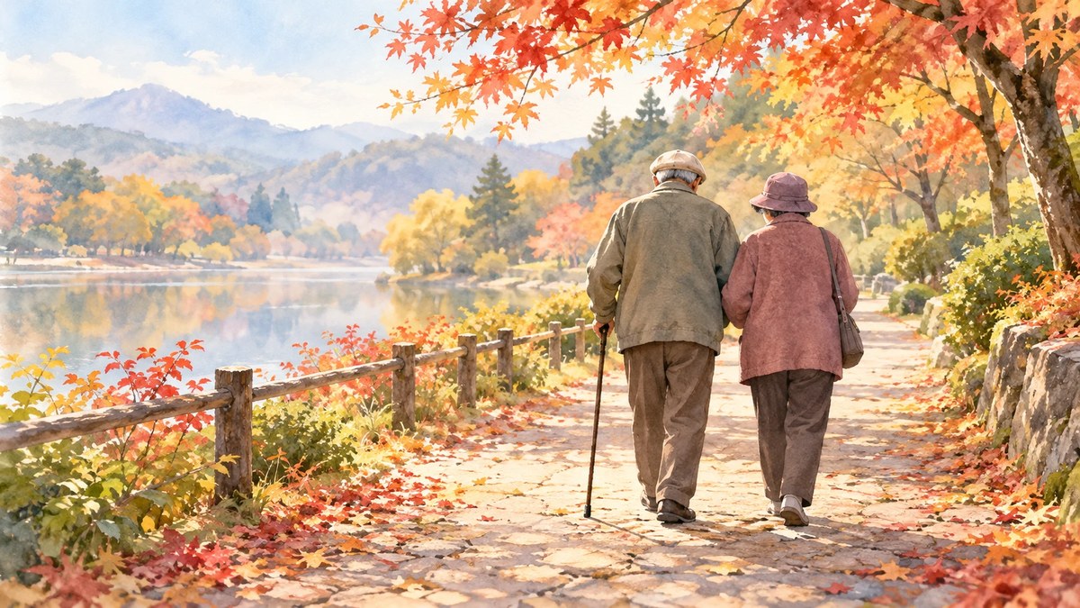 紅葉の川沿いの道を、杖をついた夫と妻が寄り添って歩く後ろ姿のイラスト