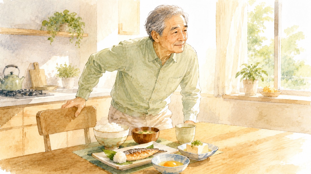 和食の朝ごはんの前で椅子から立ち上がろうとする高齢男性のイラスト