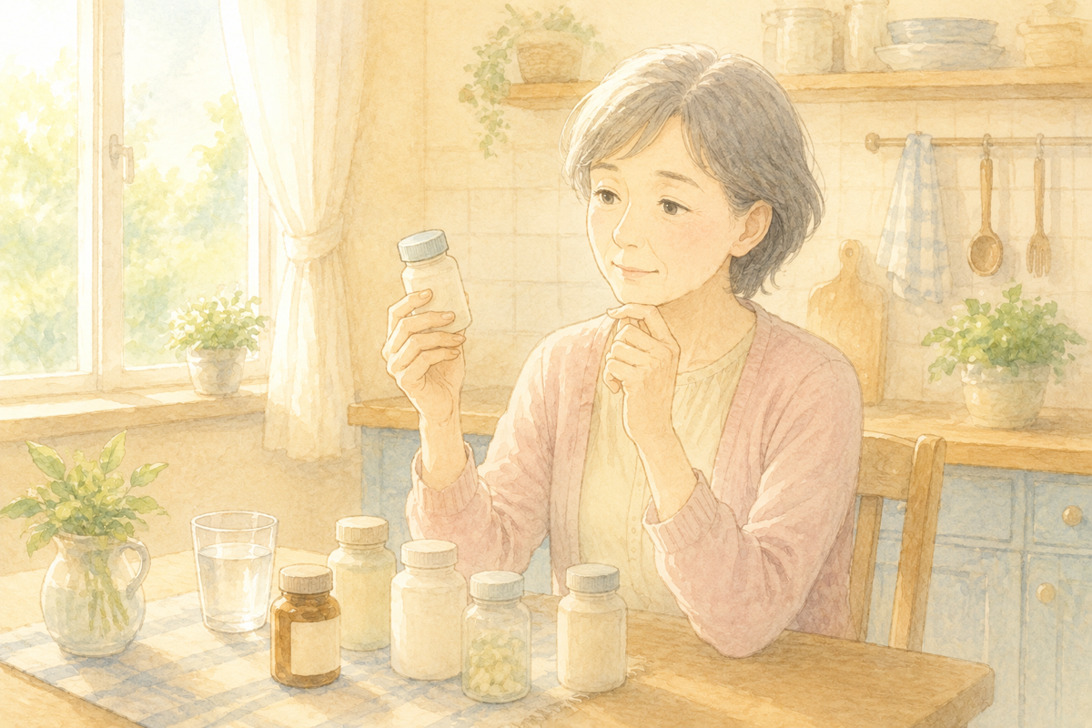 台所のテーブルでサプリメントの瓶を手に取り、考えている女性のイラスト