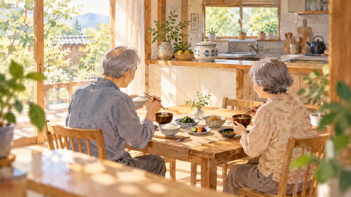 朝の食卓で、ぬか漬けや野菜のおかず、ごはんとみそ汁を前に、年配の夫婦がくつろいでいるイラスト