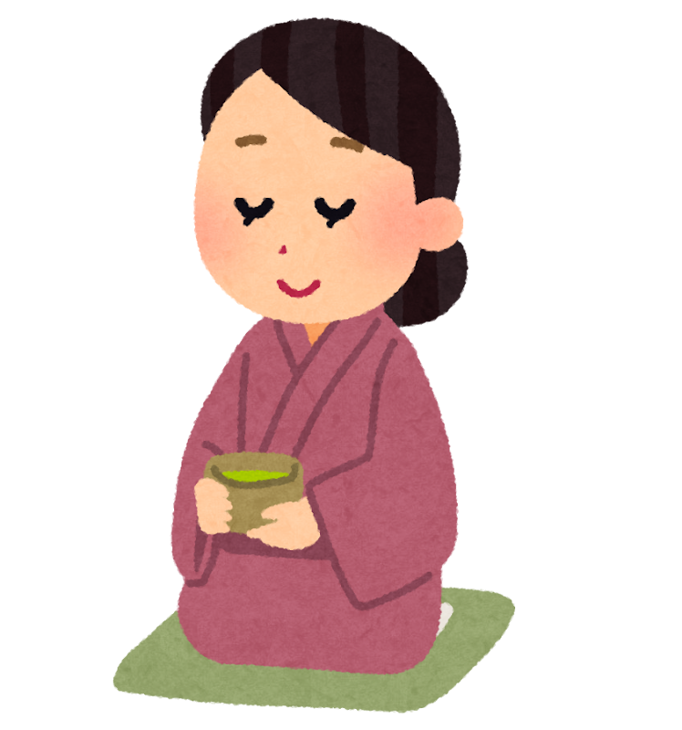 笑顔でお茶を飲んでくつろぐ人のイラスト