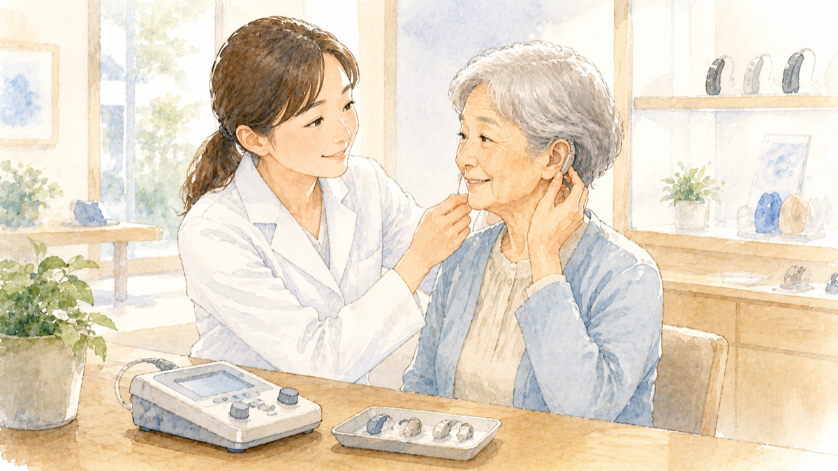 補聴器店で補聴器を調整してもらう高齢女性のイラスト