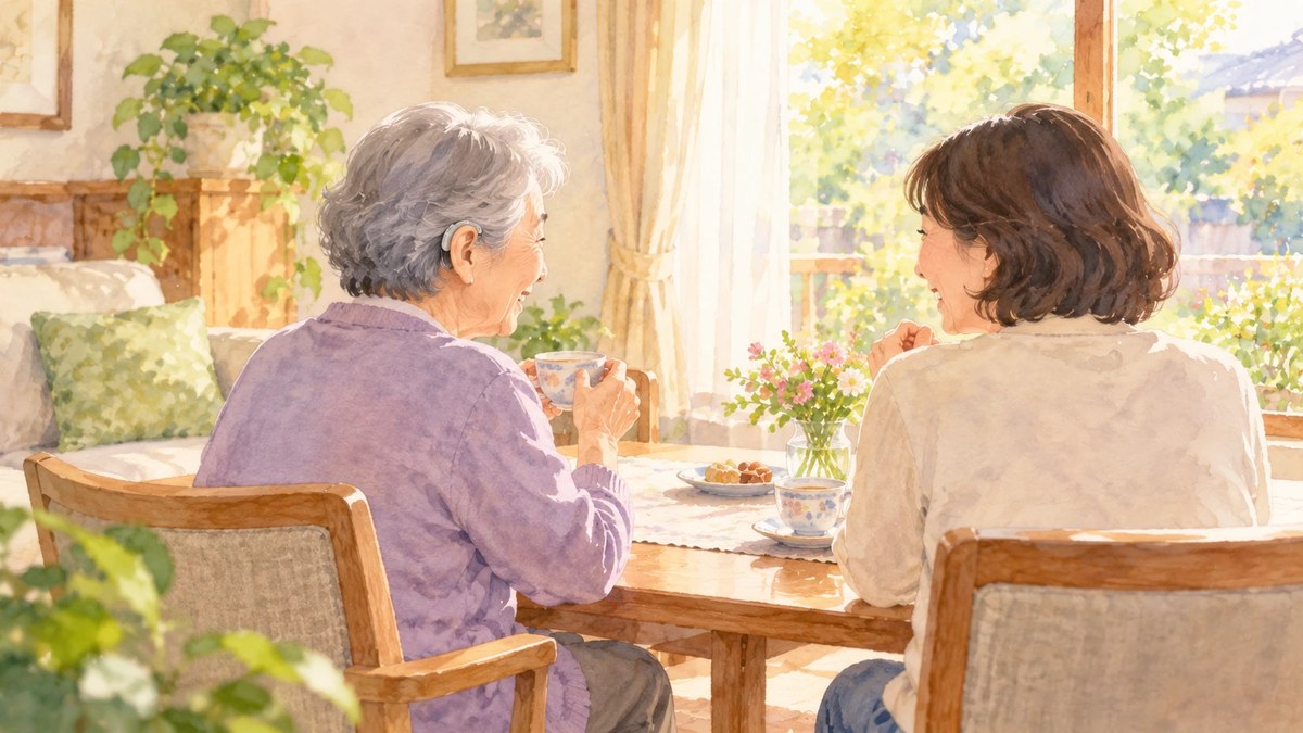補聴器をつけた年配の女性が、娘とお茶を飲みながら笑顔で話しているイラスト