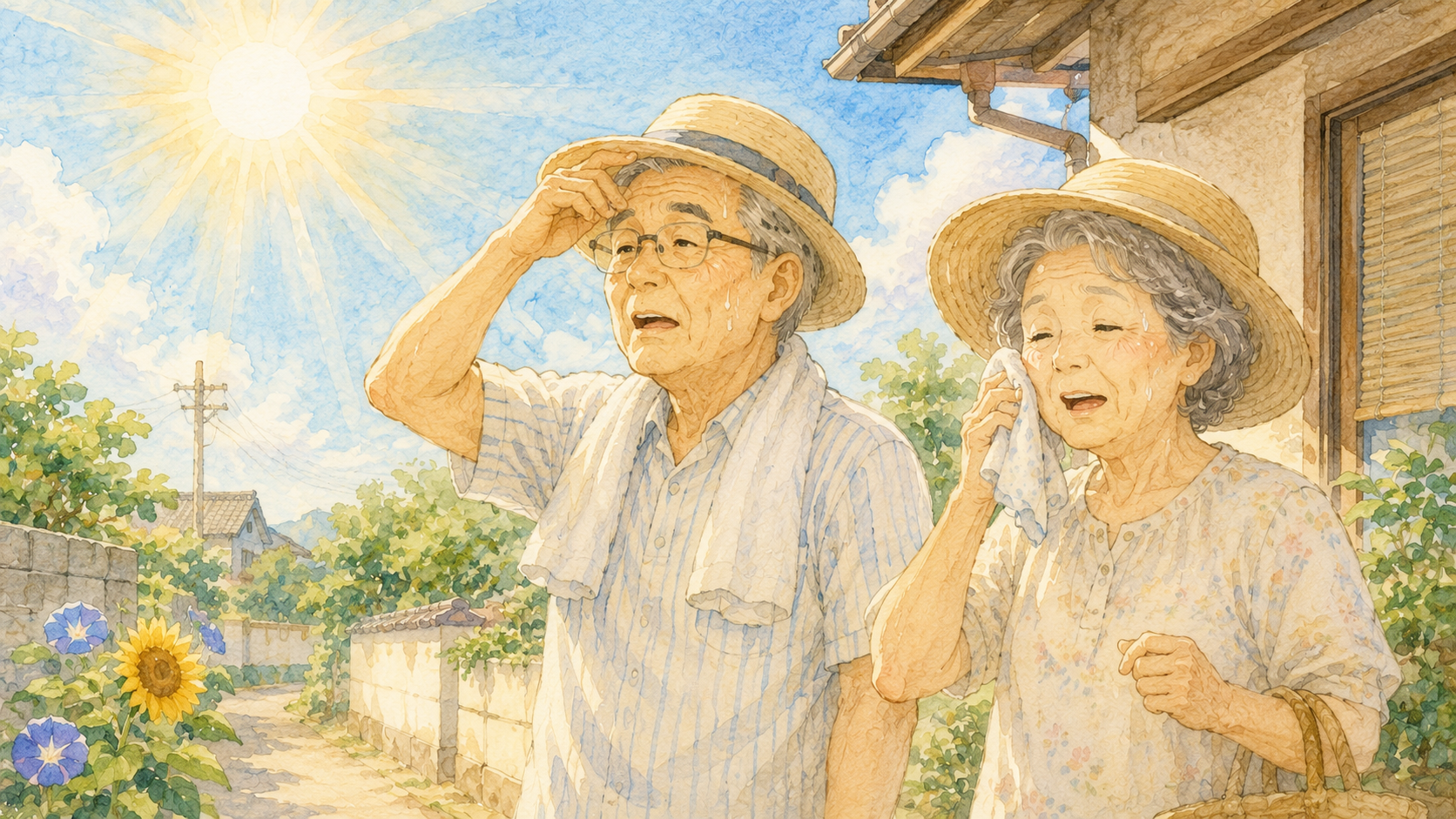 猛暑の中で涼をとるシニアのイラスト