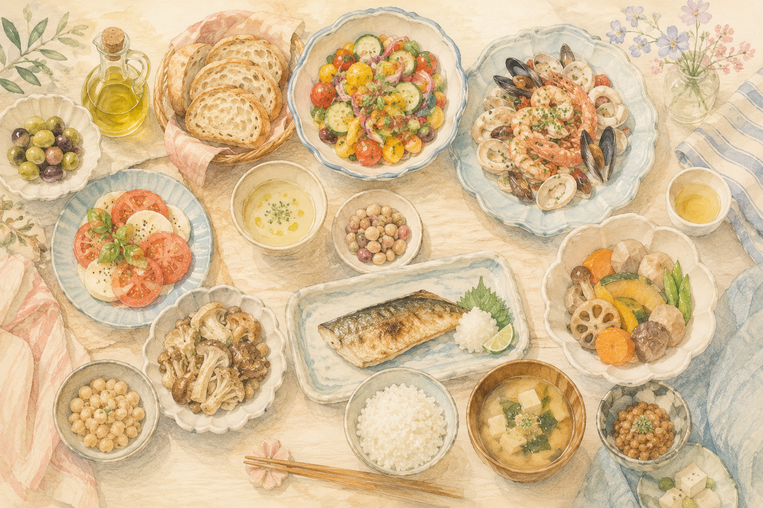 地中海食と日本食が並ぶ食卓のイラスト