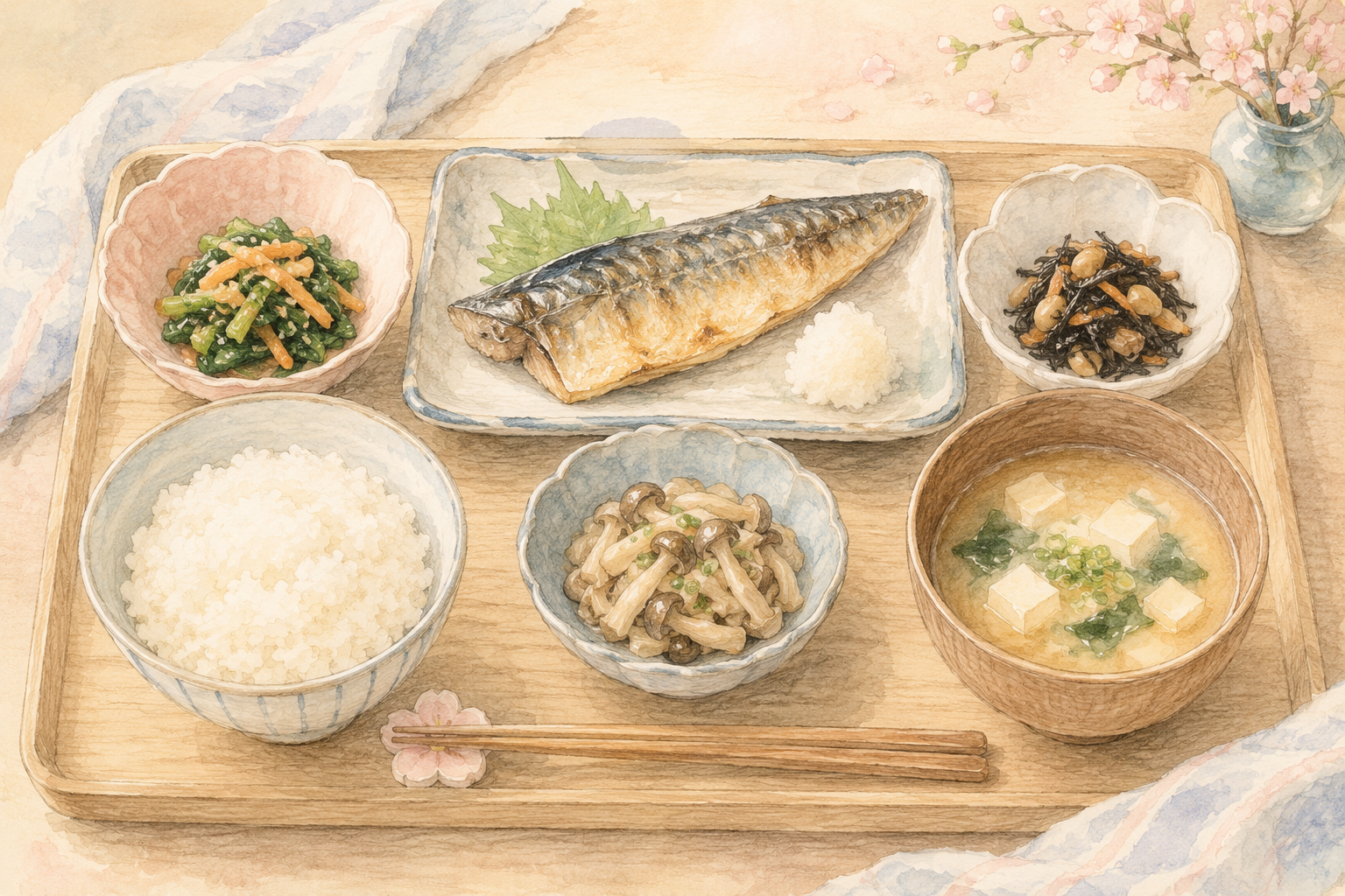 味噌汁と焼き魚の和食のイラスト