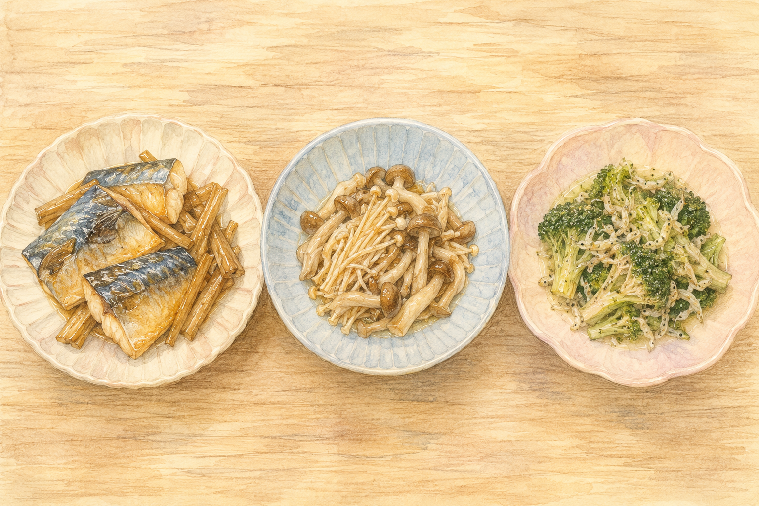家庭料理の3皿のイラスト