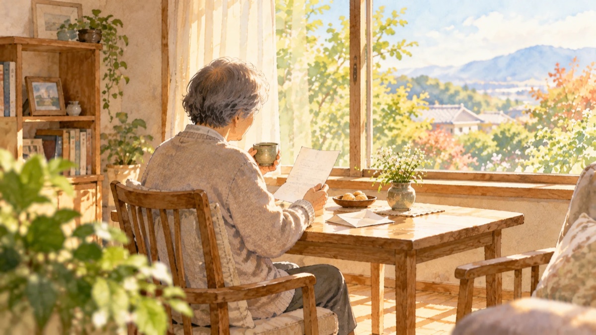 窓辺でひとり、届いた手紙を読みながらお茶を飲んでいる年配の人のイラスト