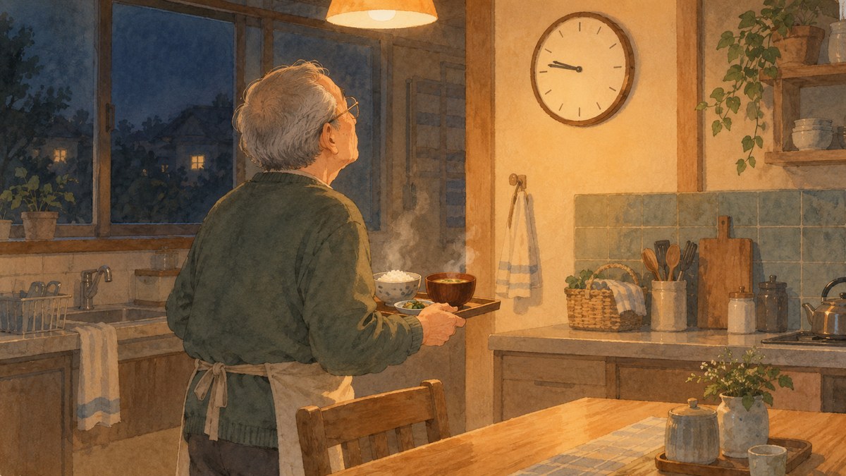 夜の台所で、ごはんとみそ汁をのせたお盆を手に、壁の時計を見上げている高齢の男性のイラスト