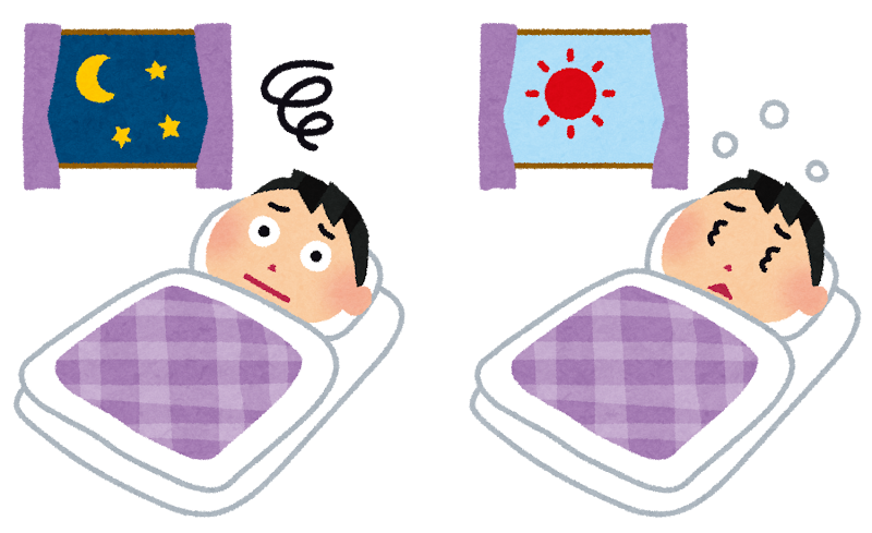 夜は眠れず、昼間に寝てしまう昼夜逆転のイラスト