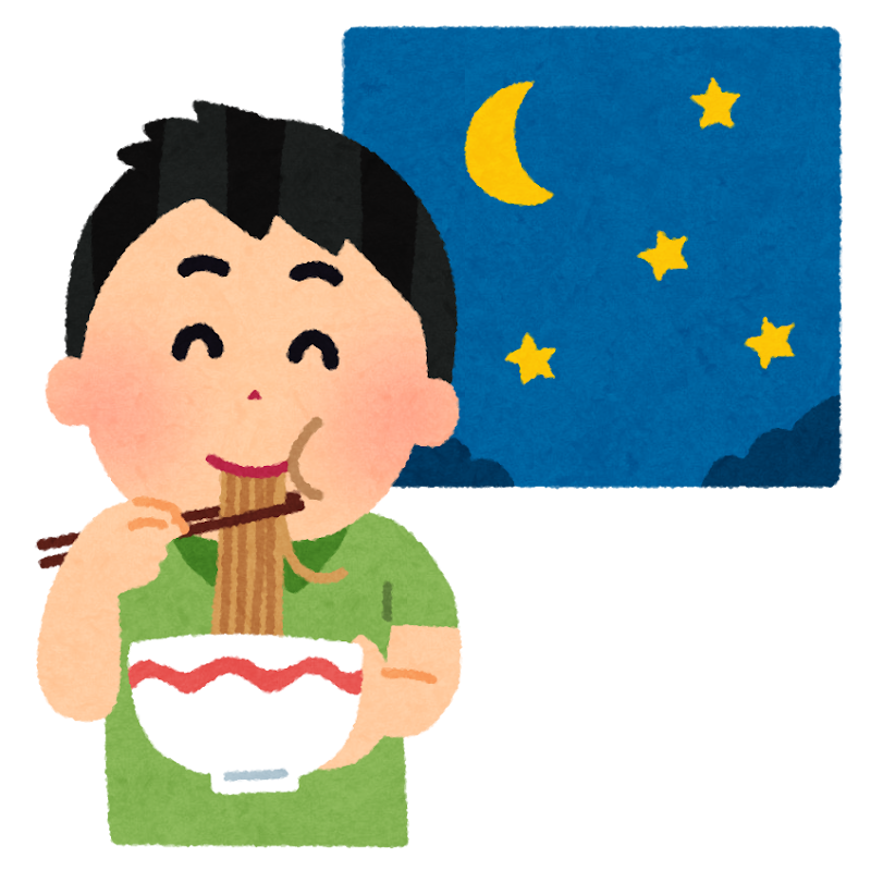 夜おそくに食事をしている人のイラスト