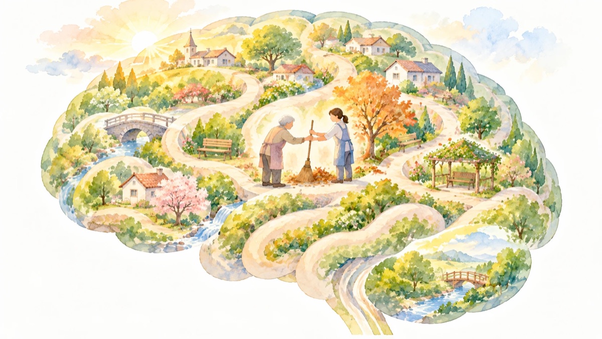 脳の中の小さな町で、年配の掃除係から若い掃除係へ、ほうきが手渡されているイメージのイラスト