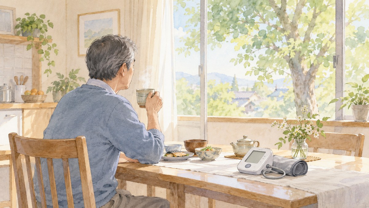 朝の食卓でお茶を手に、窓の外の大きな木を眺める男性。テーブルには家庭用の血圧計が置かれている水彩イラスト