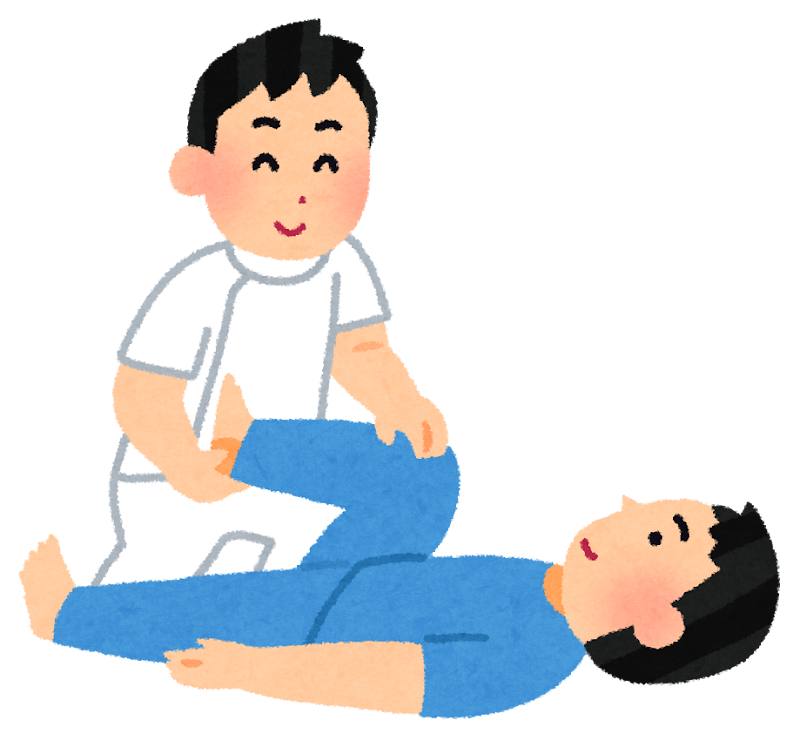 Torapon 理学療法士が、横になった人の脚を動かしてリハビリをしているイラスト