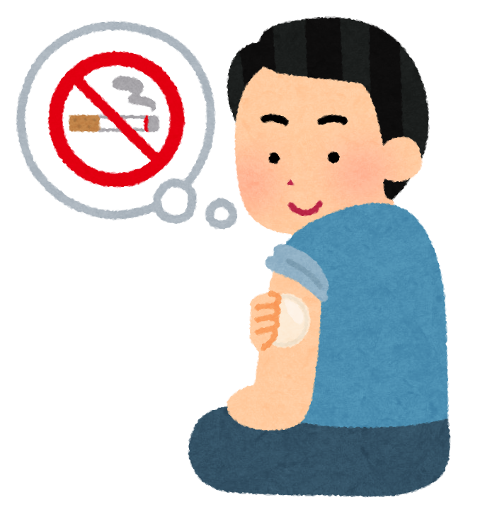 Torapon 禁煙を思い浮かべながら、腕にニコチンパッチを貼る男性のイラスト