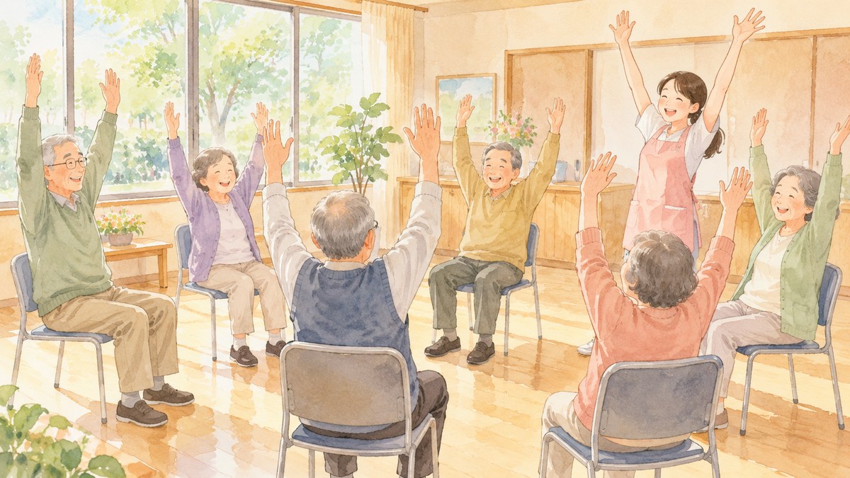 明るい公民館で、椅子に座った高齢の男女が輪になり、エプロン姿のスタッフと一緒に両腕を上に伸ばして体操している水彩イラスト