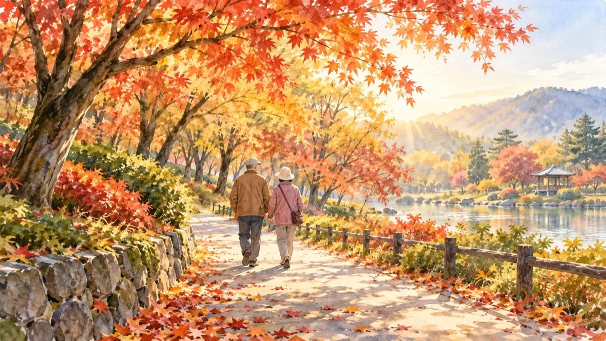 紅葉の川沿いの小道を、年配の夫婦が並んでゆっくり歩いているイラスト