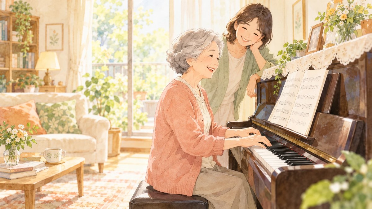 明るい部屋で、ピアノを楽しそうに弾く高齢の女性と、そばで見守る家族のイラスト