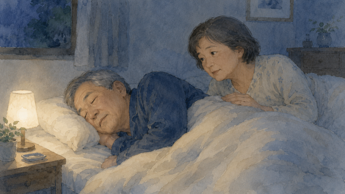 夫のいびきに気づいて、静かに心配している妻のイラスト