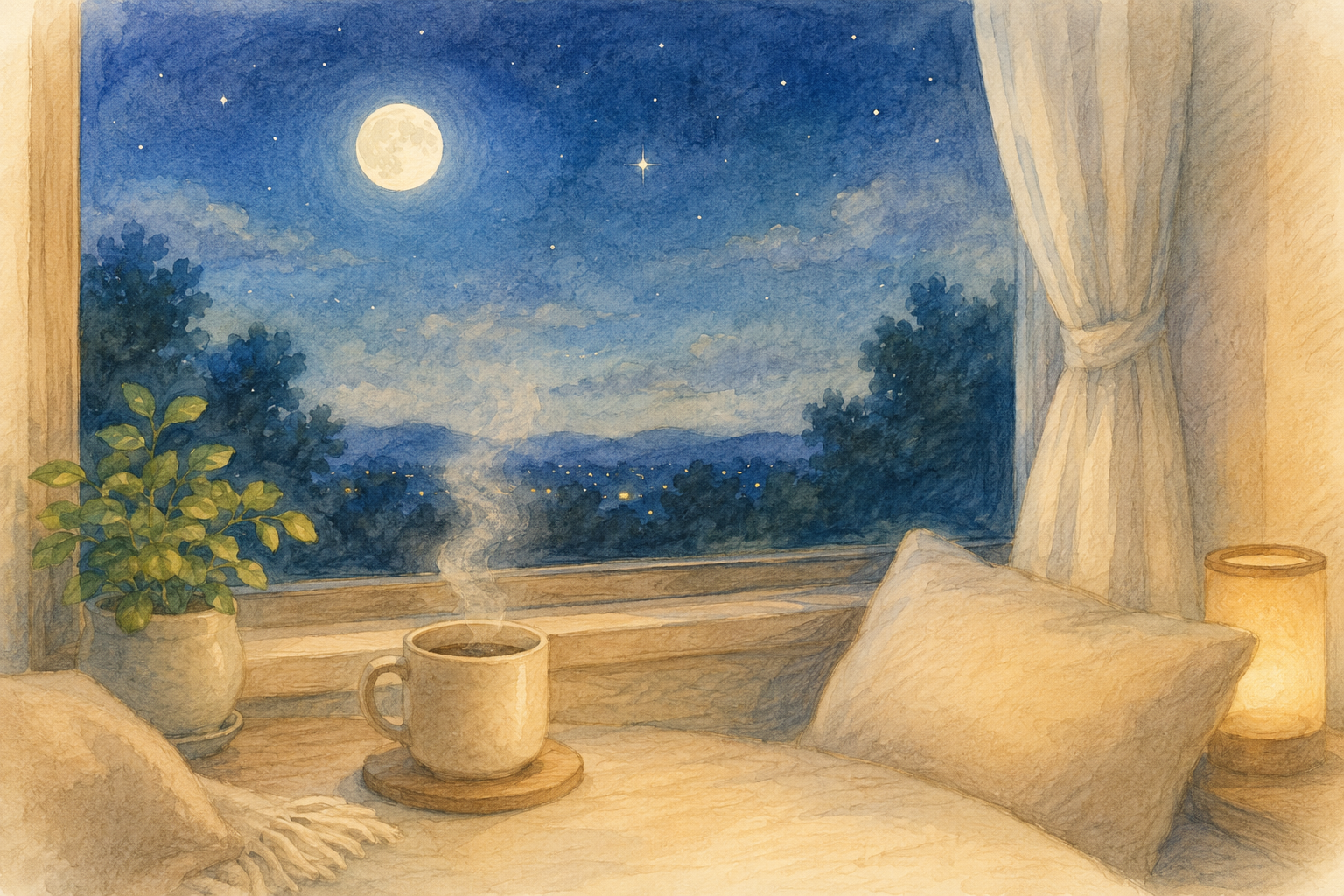 夜の窓辺で月を眺めるおだやかなイラスト