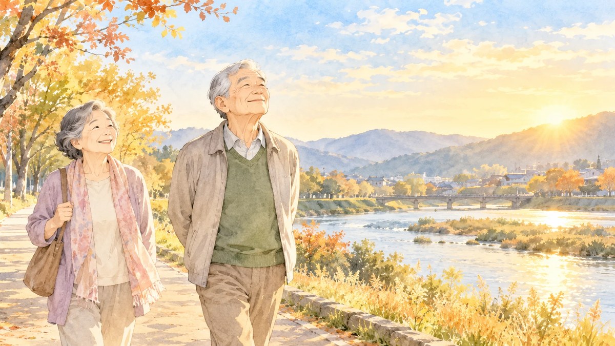 朝の散歩道で、澄んだ空気を深く吸い込む高齢の男性のイラスト