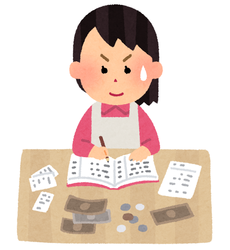 電卓で家計簿をつける人のイラスト