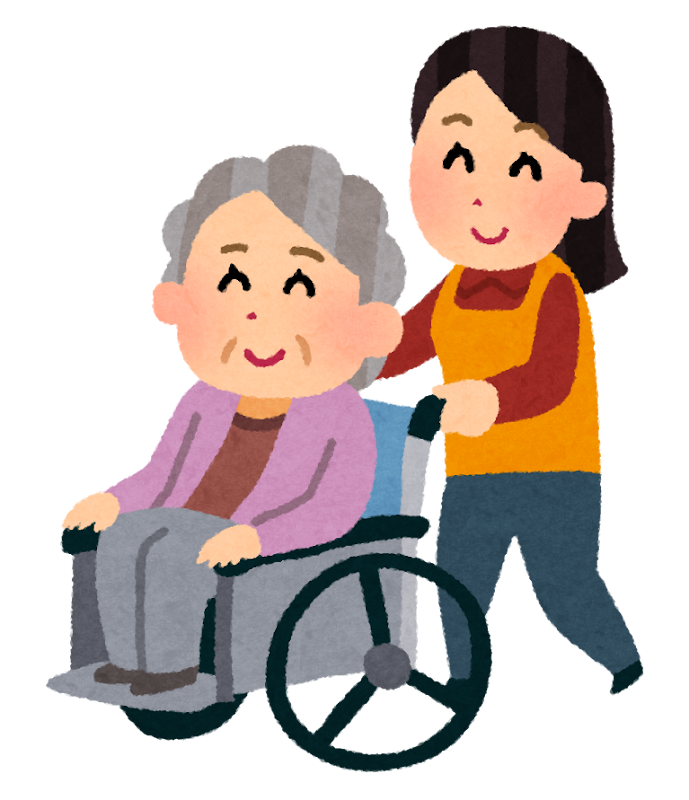 車椅子のおばあさんと介護士のイラスト